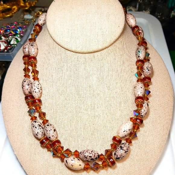 Pastel Speckled Robin's Egg Beads with Brown Crystal AB & Gold tone Necklace - Picture 3 of 8